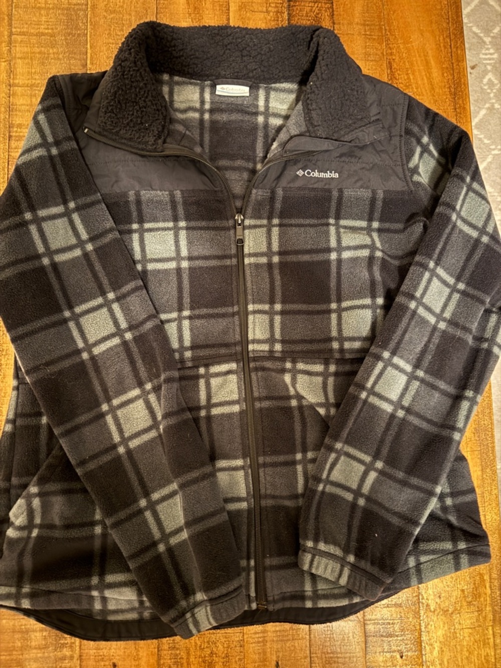 Columbia Black and Gray Plaid Fleece Jacket with Sherpa Collar